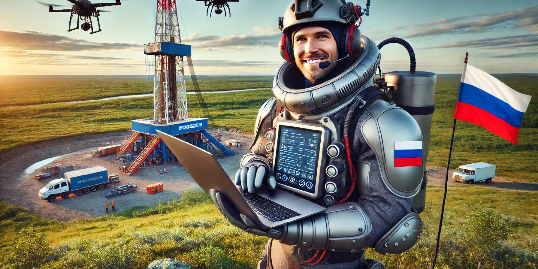 DALL·E 2024-08-31 13.01.30 – A highly realistic 16_9 image of a modern Russian oil worker standing in the tundra during summer, captured from a new angle. The oil worker is holdin