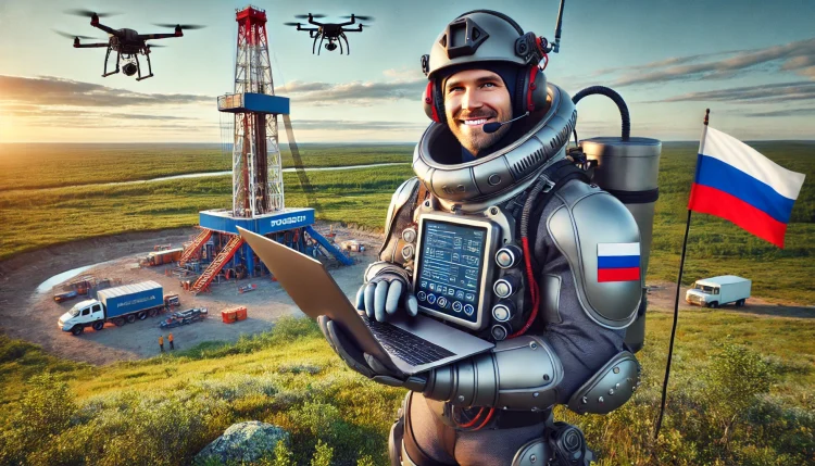 DALL·E 2024-08-31 13.01.30 – A highly realistic 16_9 image of a modern Russian oil worker standing in the tundra during summer, captured from a new angle. The oil worker is holdin