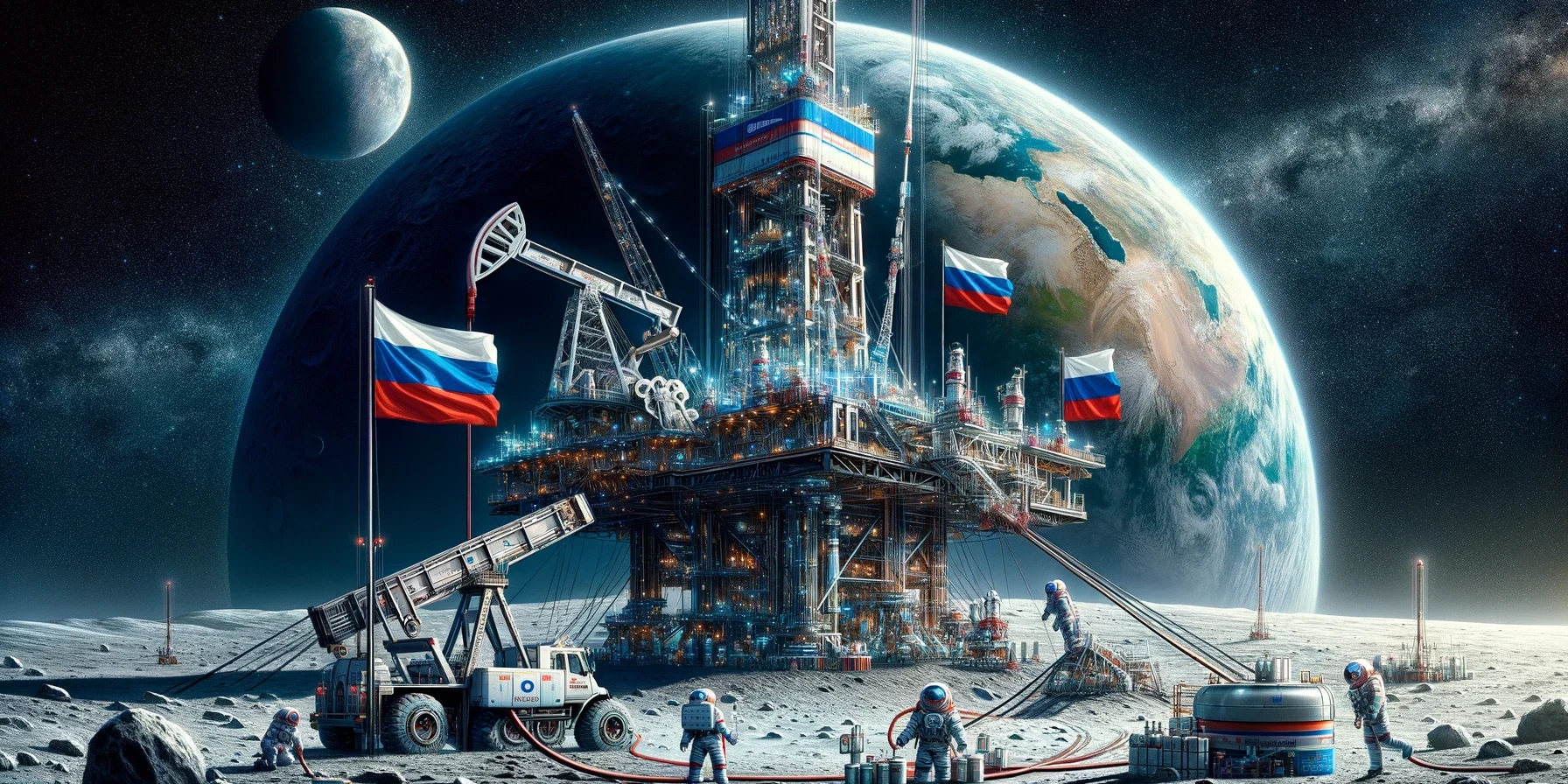 ‘ Day, featuring a Russian drilling company extracting oil on the moon. The image should include a detailed l