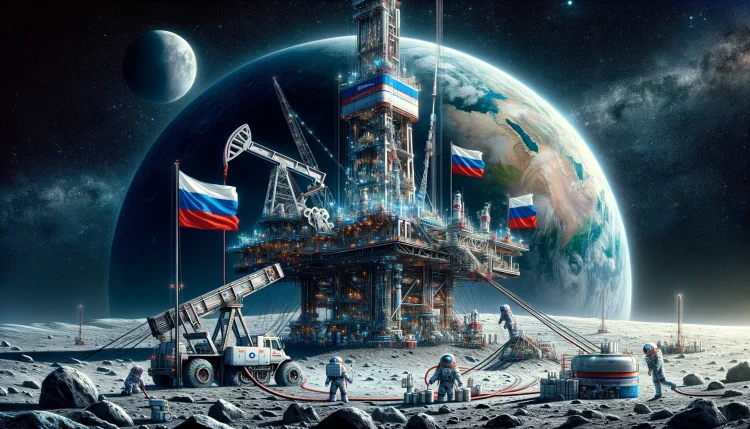 ‘ Day, featuring a Russian drilling company extracting oil on the moon. The image should include a detailed l