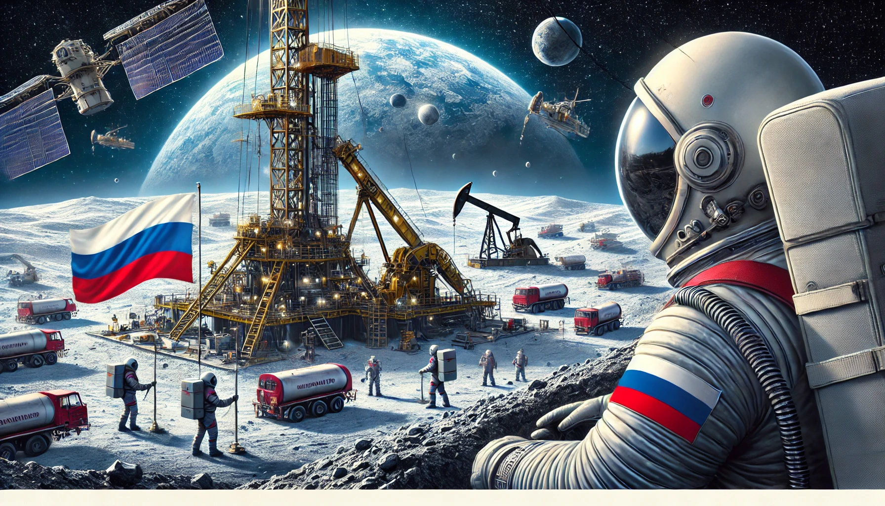 ' Day, showing a Russian drilling company extracting oil on the moon from a different angle. The image should