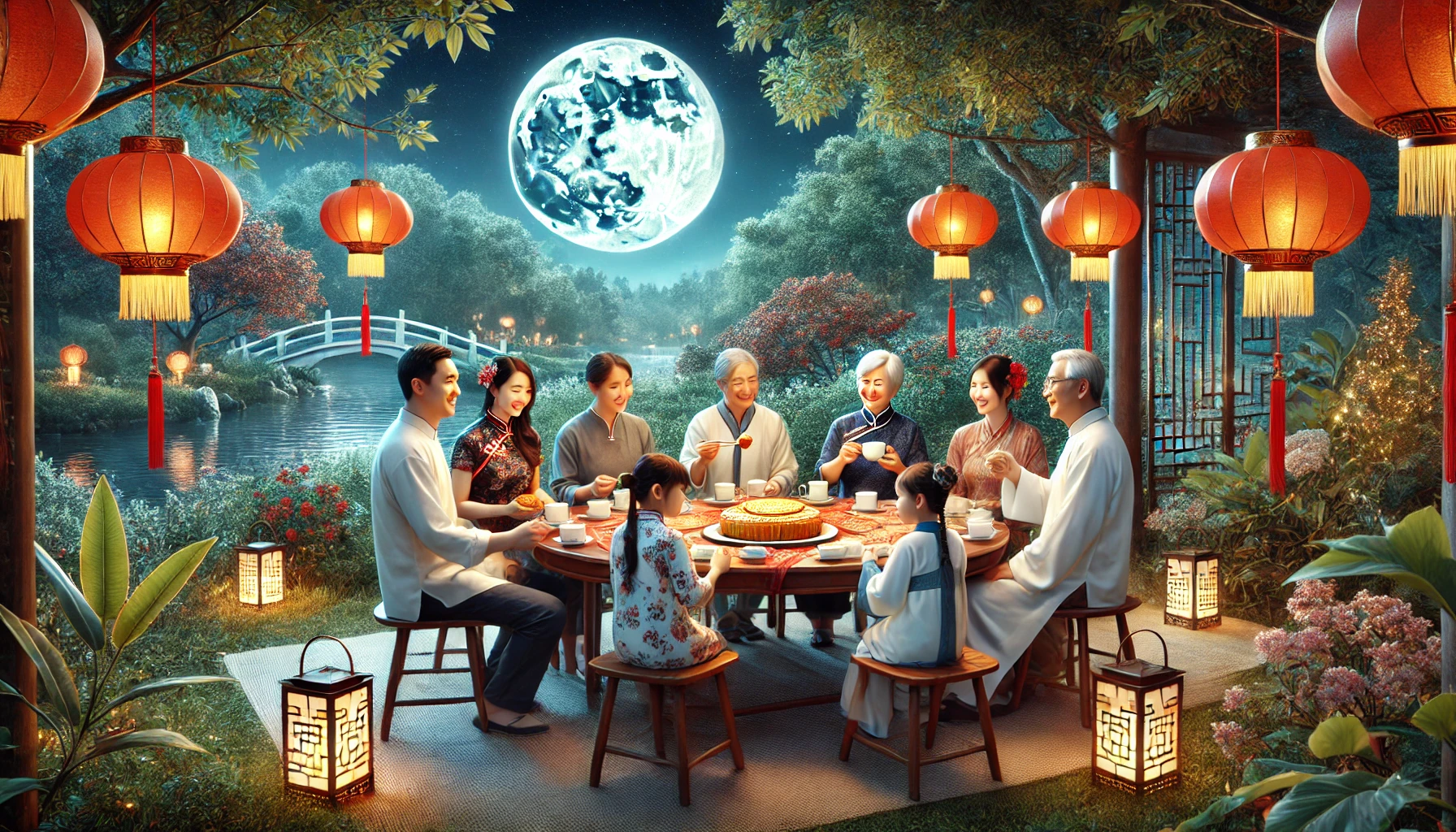 DALL·E 2024-09-17 10.46.53 – A realistic depiction of a family celebration during the Mid-Autumn Festival in China, with a wide format. The image should show a multigenerational f