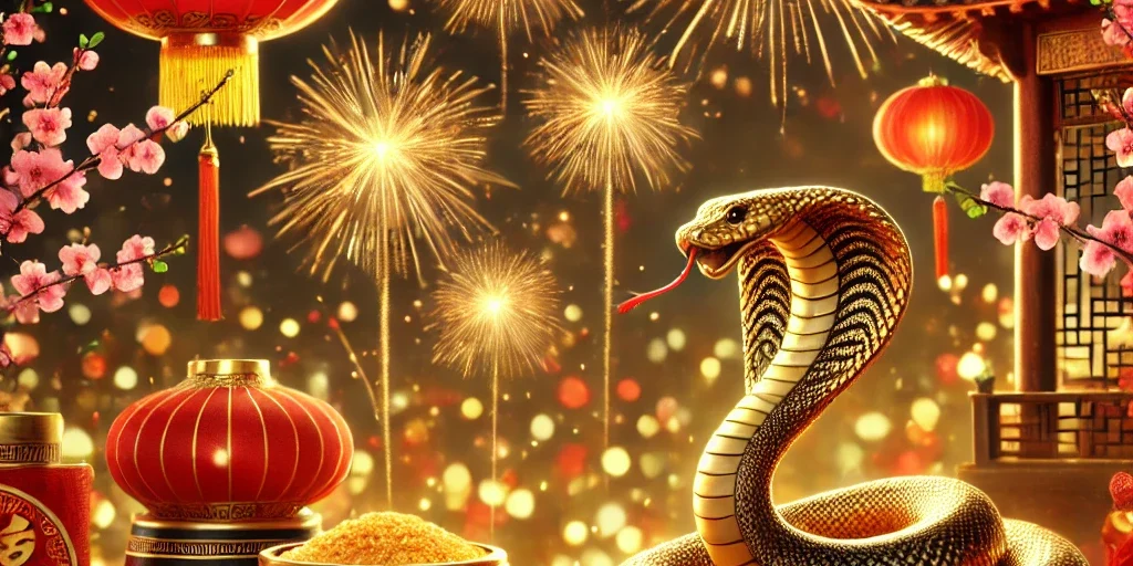 Праздничная сцена Китайского Нового года с золотой змеёй, красными фонарями и фейерверками. Традиционные китайские украшения создают атмосферу тепла и благополучия.