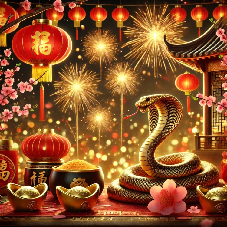 chinese_new_year_snake_festive_scene Праздничная сцена Китайского Нового года с золотой змеёй, красными фонарями и фейерверками. Традиционные китайские украшения создают атмосферу тепла и благополучия.