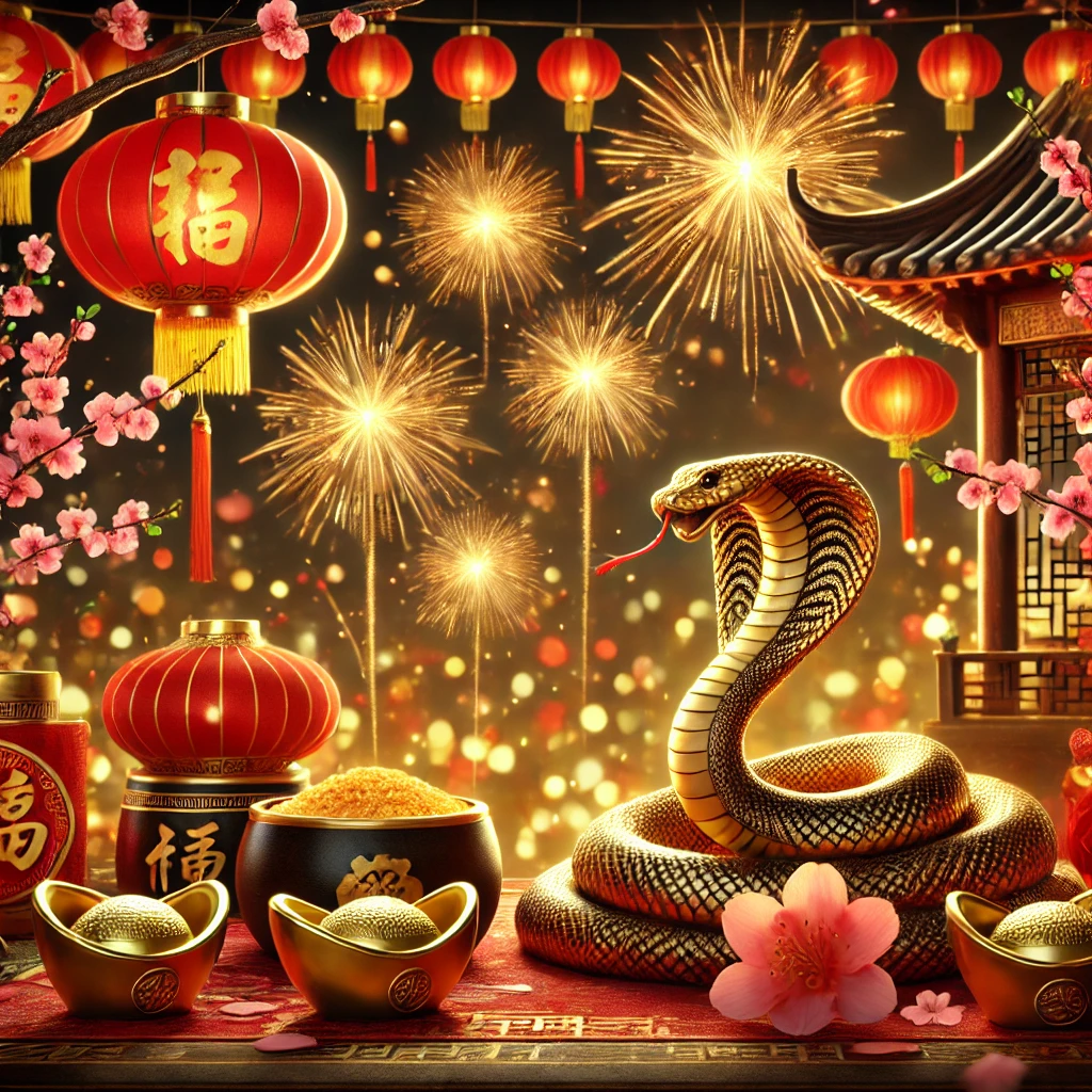 chinese_new_year_snake_festive_scene Праздничная сцена Китайского Нового года с золотой змеёй, красными фонарями и фейерверками. Традиционные китайские украшения создают атмосферу тепла и благополучия.